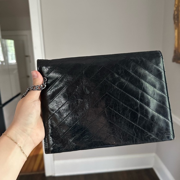 Pre Loved Yves Saint Laurent Chevron Envelope Clutch Leather Women Black Clutch - Picture 4 of 10